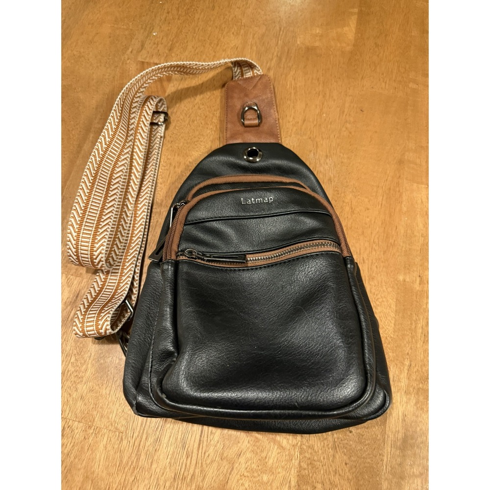 LATMAP 7L Vegan Leather Crossbody Sling Bag – Black w/ Brown Trim
